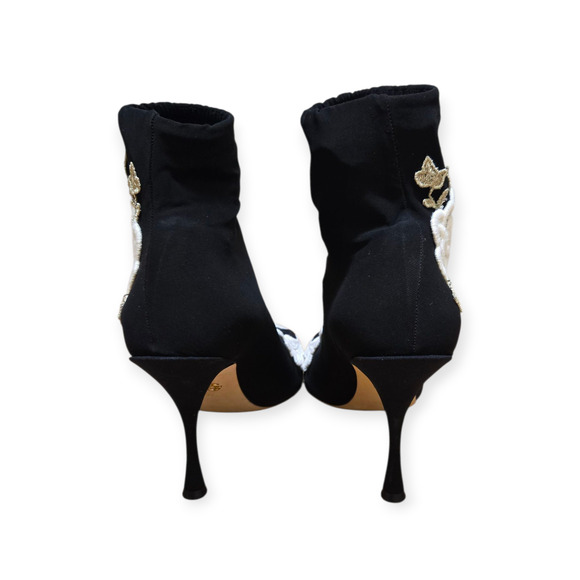 Dolce & Gabbana Floral Embroidered Black White Gold Ankle Booties EU 38 / US 8 - Picture 4 of 8